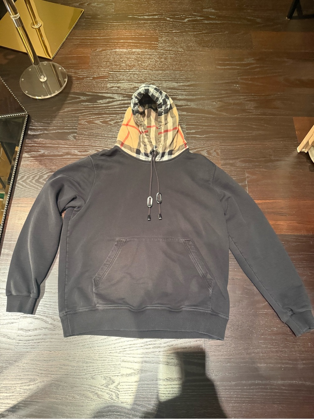 Authentic Burberry Black Hoodie with Signature Beige Check Hood